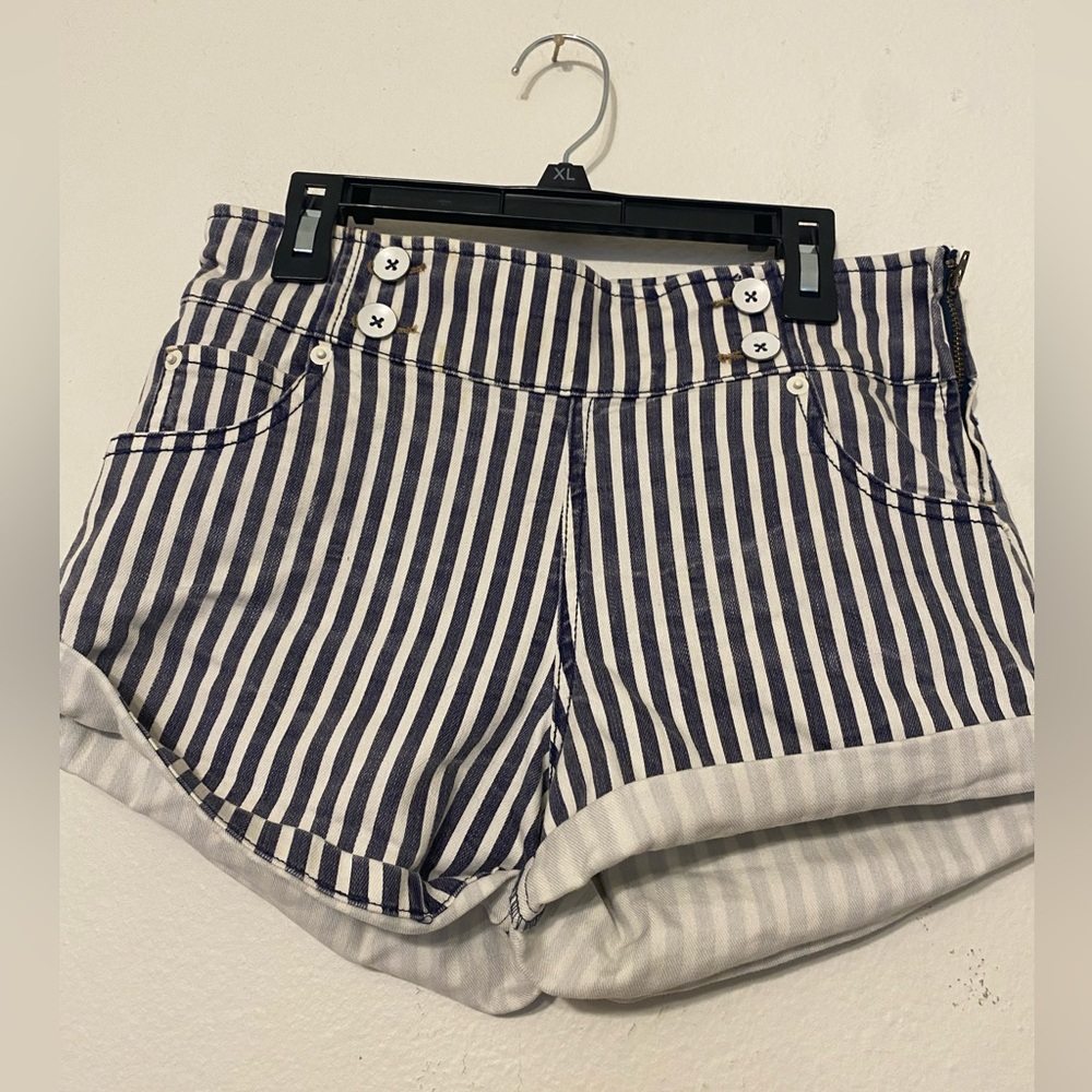 Free People Blue and White Stripe High Waisted Shorts